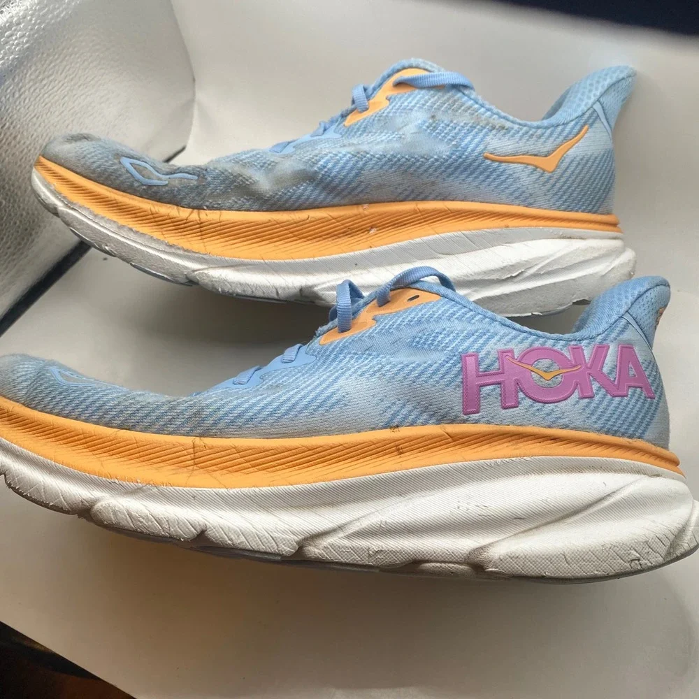 Hoka Clifton 9 Running Shoes Womens 9.5 Blue Orange Pink Mesh Athletic Sneakers